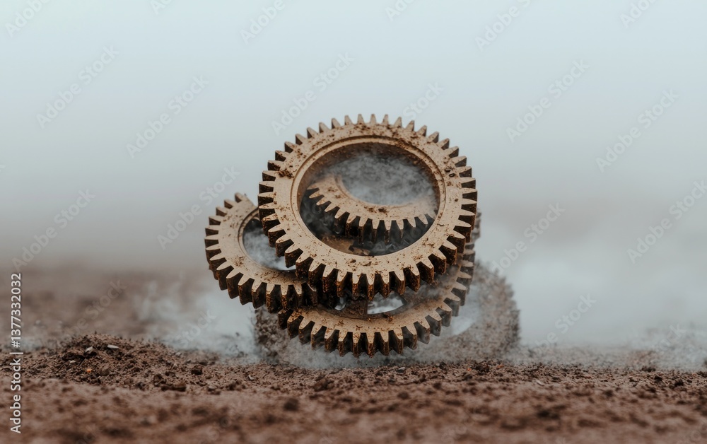 Poster close-up view of three metallic gears resting on brown soil, with a light fog or mist effect surroun