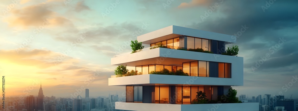 Poster detailed architectural rendering of a cutting edge highrise apartment building with a bold geometric