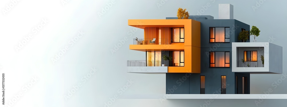 Poster detailed architectural rendering of a modern multi story apartment building with a clean minimalist 