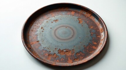 Rustic stoneware platter with a unique, mottled glaze featuring earthy tones and a distressed, aged appearance, ideal for serving or display