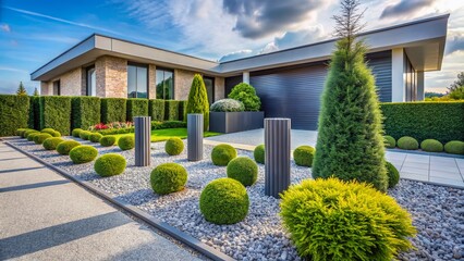 Obraz premium Modern Minimalist House Front Garden Panoramic - Stone Pillars, Hedge, Gravel, Public View