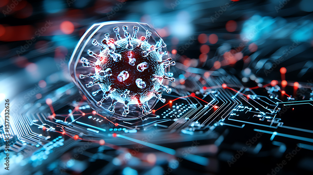 Poster virus simulation and digital circuitry interaction virtual space 3d model futuristic environment clo