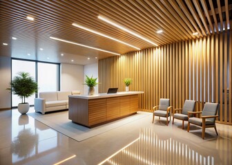 Fototapeta premium Modern Office Reception Area Night Photography: Spacious Wooden Design, White Walls, Slatted Screen