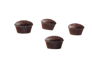 Miniature Chocolate Cupcakes: Four Dark Brown, Studio Shot