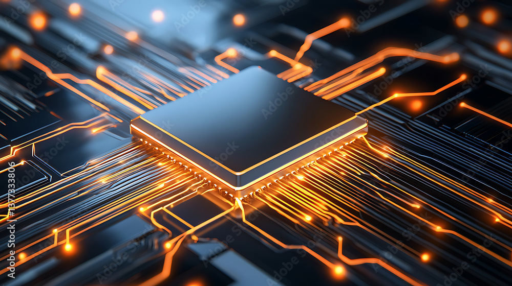 Poster technological advancements in microprocessors digital realm graphic rendering futuristic environment