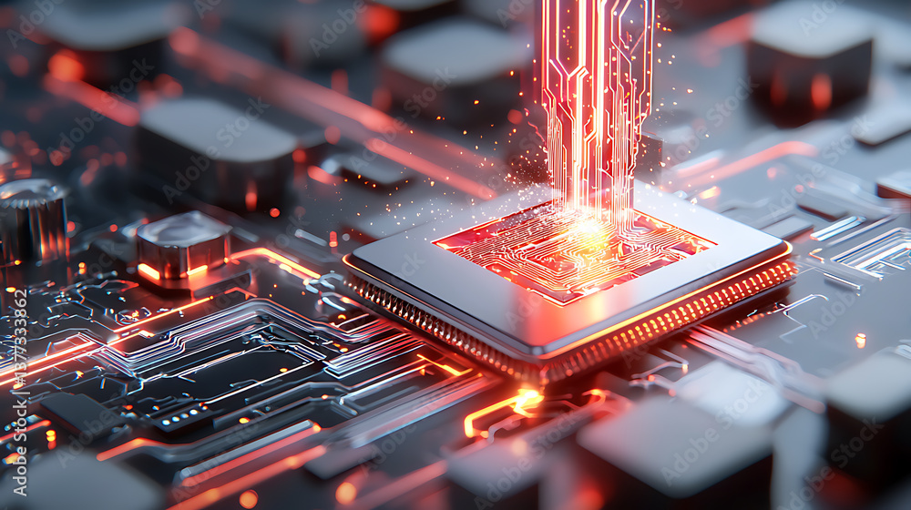 Poster revolutionary technology showcase cpu circuit innovation digital space graphic design futuristic env