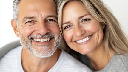 Smiling middle-aged couple with perfect teeth in close-up portrait on white background, ideal for dental healthcare advertising and aesthetic treatment promotion concepts.