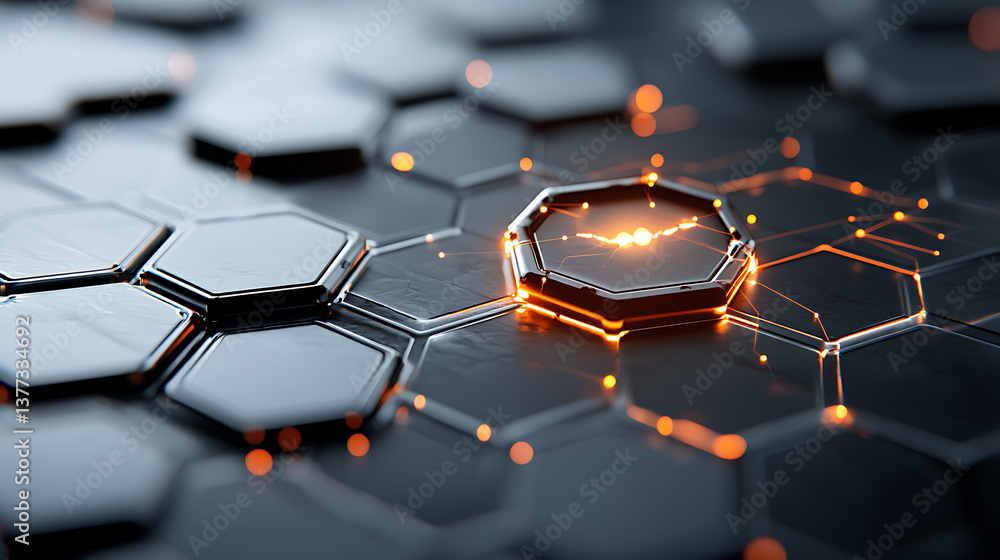 Poster dynamic hexagonal structure with glowing accents abstract digital art technology environment high-de