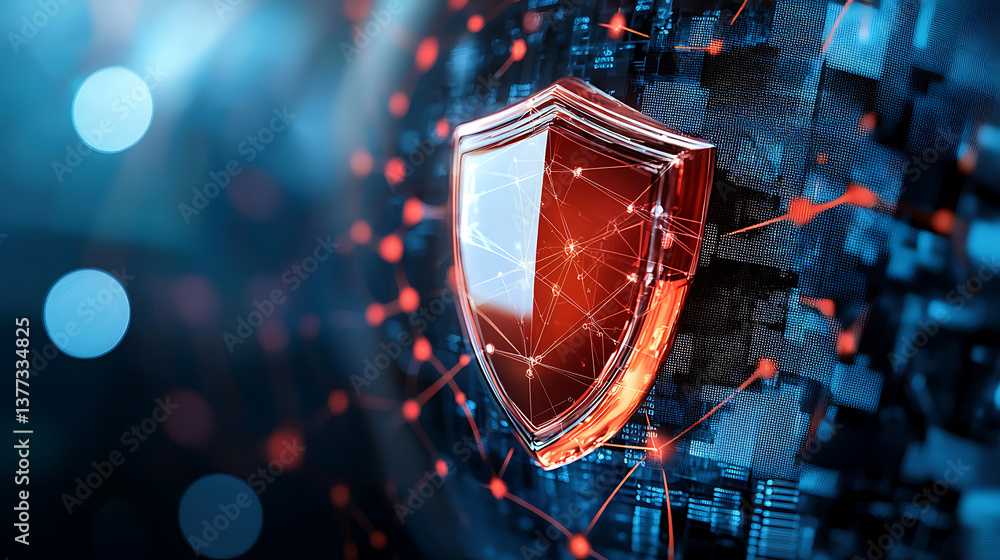 Poster cybersecurity shield icon digital network space graphic design technology environment close-up view 