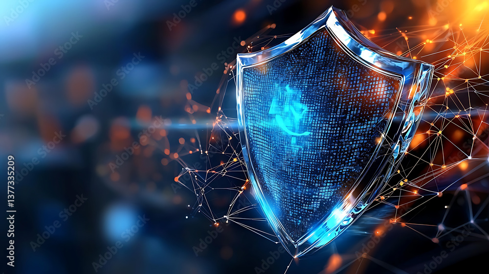 Poster protecting data with cybersecurity measures digital shield concept technology environment graphic de