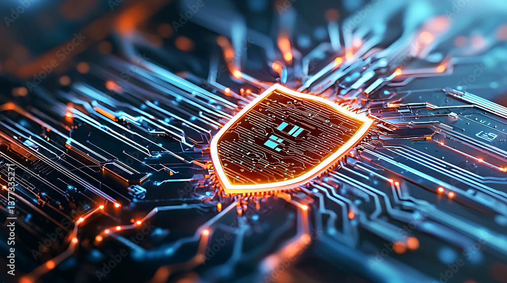 Poster cybersecurity action shielding data digital environment graphic design virtual space futuristic conc