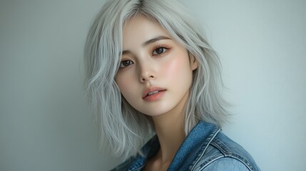 Cute asian girl with white hair, close-up shot photography