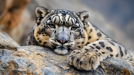 Snow Leopard Resting on Rocky Mountainside