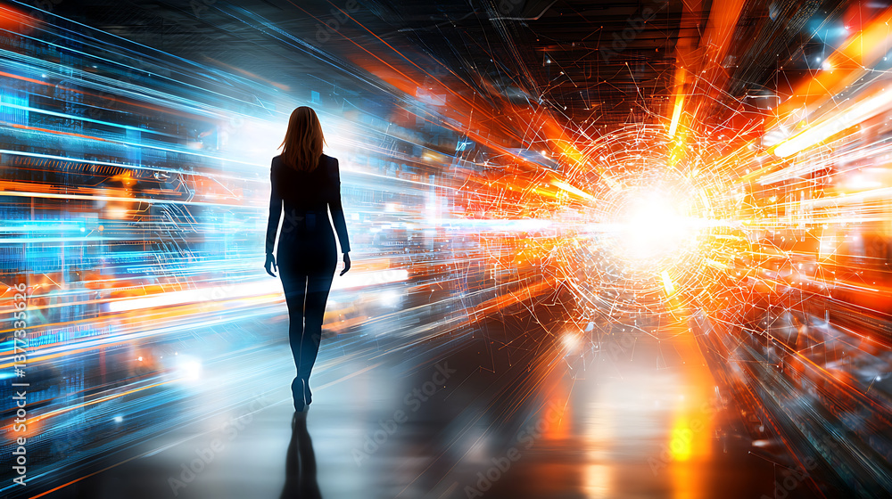 Poster dynamic light trails futuristic city digital art sci-fi environment perspective view journey into th