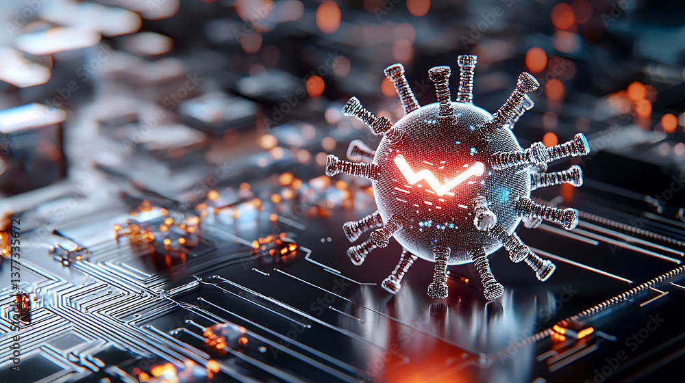 Poster virus simulation on circuit board digital environment 3d render high-tech concept abstract viewpoint