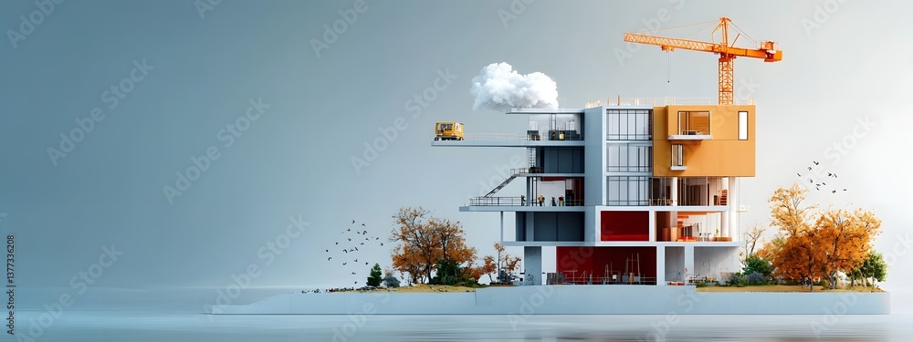 Poster detailed rendering of a futuristic multi story highrise building in the process of construction show