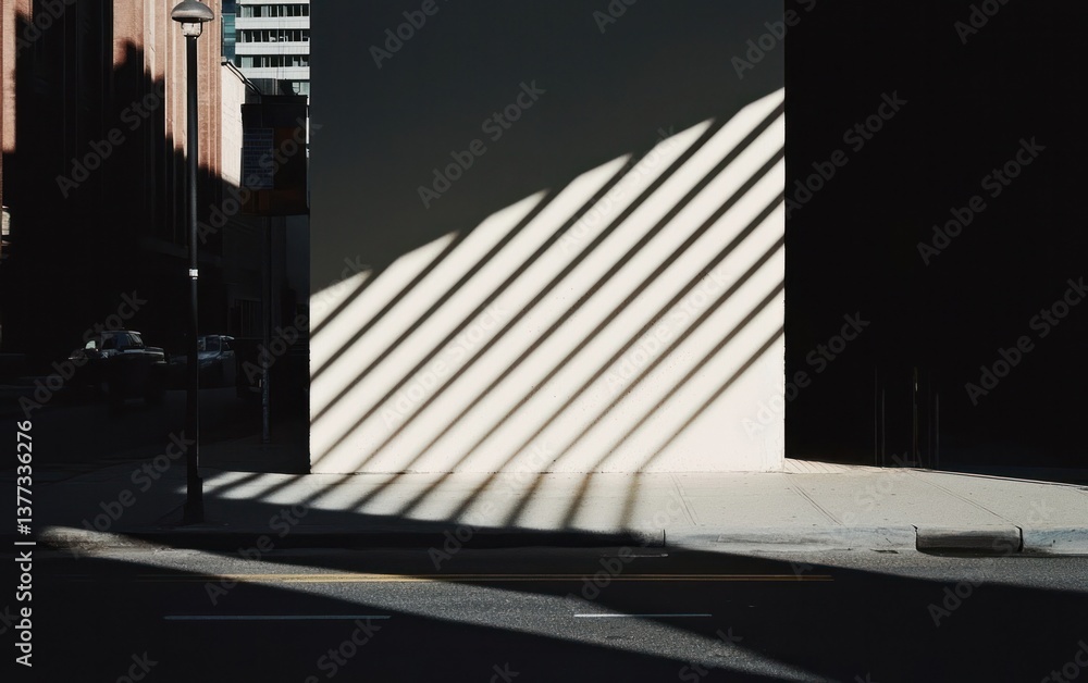 Aufkleber diagonal light patterns cast shadows on a city wall and street. dark urban setting with contrasting 