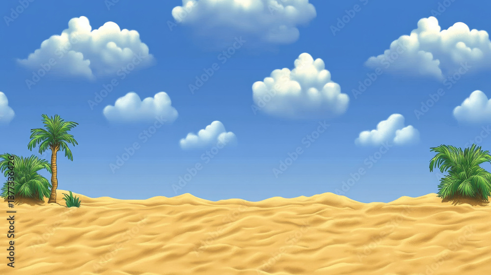Wall mural serene beach scene with palm trees and fluffy clouds