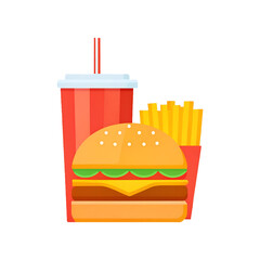Hamburger, fries, and soda, classic fast food meal.