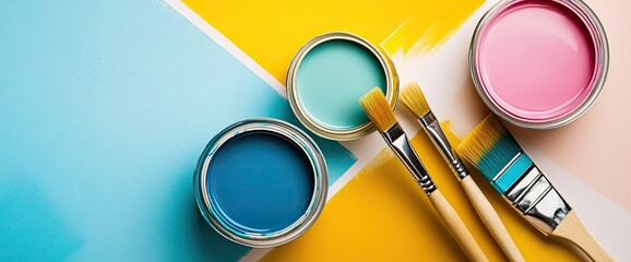 Colorful Paint Cans and Brushes Ready for a Fresh Coat