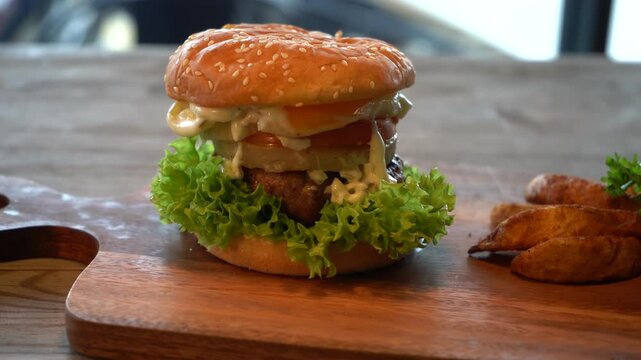 Burgers with background in restaurant