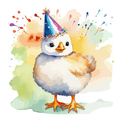 Hand drawn watercolor painting of cute chick in a party hat with colorful splashes isolated on white background. Perfect for birthday invites, easter cards and festive design