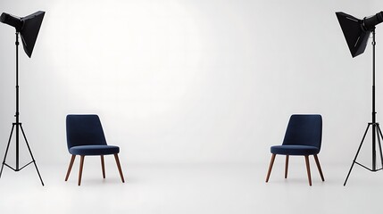 A minimalist studio setup featuring two chairs and lighting equipment, ideal for interviews or photo shoots.