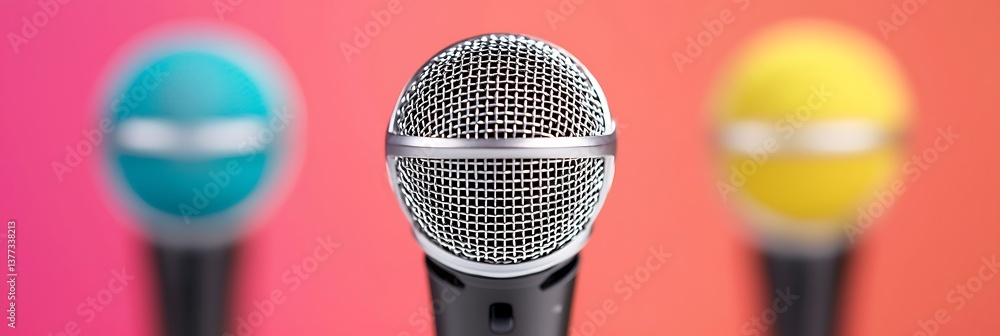 Poster a close-up of a microphone with colorful backgrounds, emphasizing sound and vocal expression in a vi