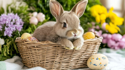 Cute bunny in basket with colorful eggs and flowers