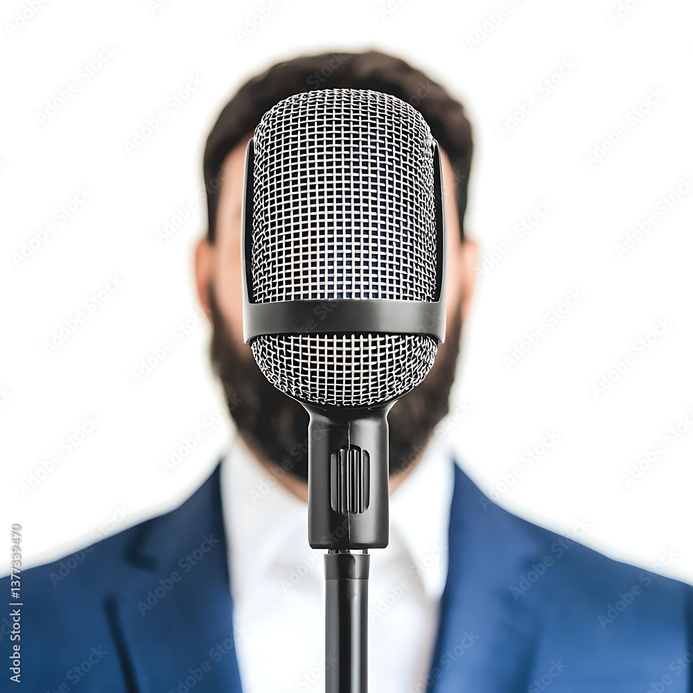 Poster a close-up of a microphone in front of a person in a suit, emphasizing communication and speaking.