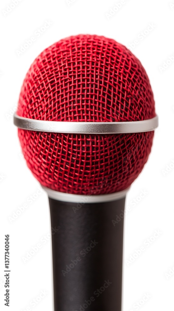 Poster a close-up view of a red microphone with a black handle, emphasizing the mesh head and design detail