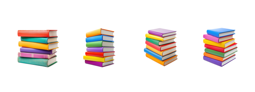 Collection of New colorful stack books isolate on transparent background