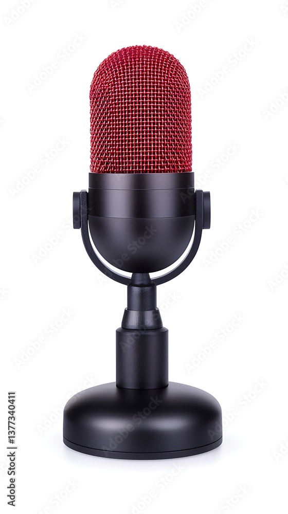 Poster a sleek microphone with a red mesh top and a black base, perfect for capturing high-quality audio in