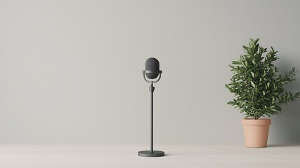 A sleek microphone stands on a simple table next to a green plant in a pot, set against a pale wall.