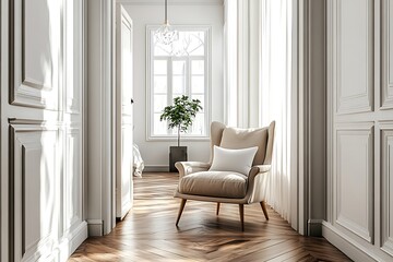 Cozy Armchair Interior with White Walls, Elegant Details, and Parquet Flooring