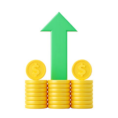 3D rendering of growing money stacks with upward arrow.