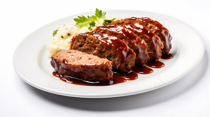 Succulent sliced roast beef glistening with rich gravy, elegantly presented on a pristine plate, ready to be savored.