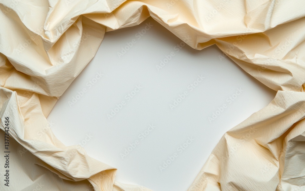 Poster creamy beige fabric forms a frame around a blank white space. the fabric is softly crumpled, creatin