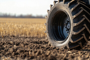 Farm tractor tire tracks mark freshly plowed field in rural setting