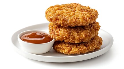 Crispy Fried Chicken Stacked: An inviting visual of golden-brown fried chicken stacked neatly on a plate beside a small bowl of dipping sauce, a perfect capture of culinary delight. 