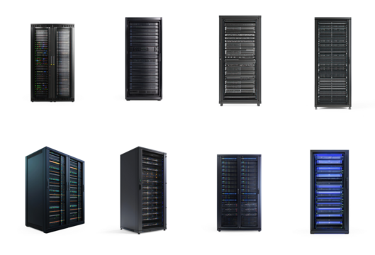 Collection of Modern Network server rack front view isolate on transparent background