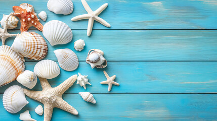 Seashells and starfish on blue wooden surface evoke summer vibes