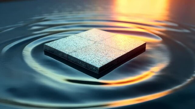 A small square tile gently floats atop rippling water, reflecting the warm glow of a light source.