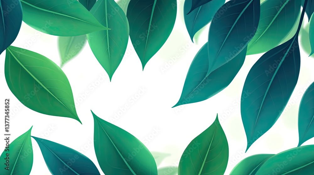 Poster green leaves floating across a light background in a pattern
