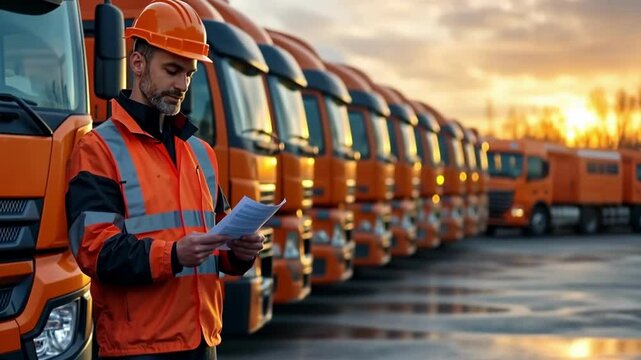 Truck fleet manager reviews logistics while supervising orange trucks during sunset at the depot