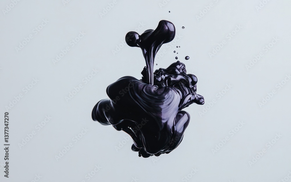 Poster abstract dark purple liquid splash on a light gray background. the liquid has a dynamic, flowing for