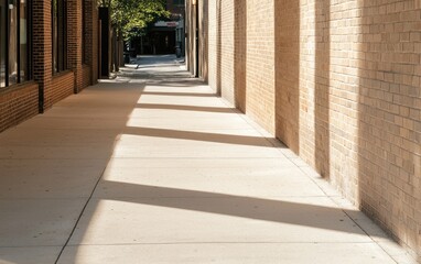 Obraz premium Sunlight casts long shadows on a light-colored urban walkway between brick buildings. The scene is peaceful and serene