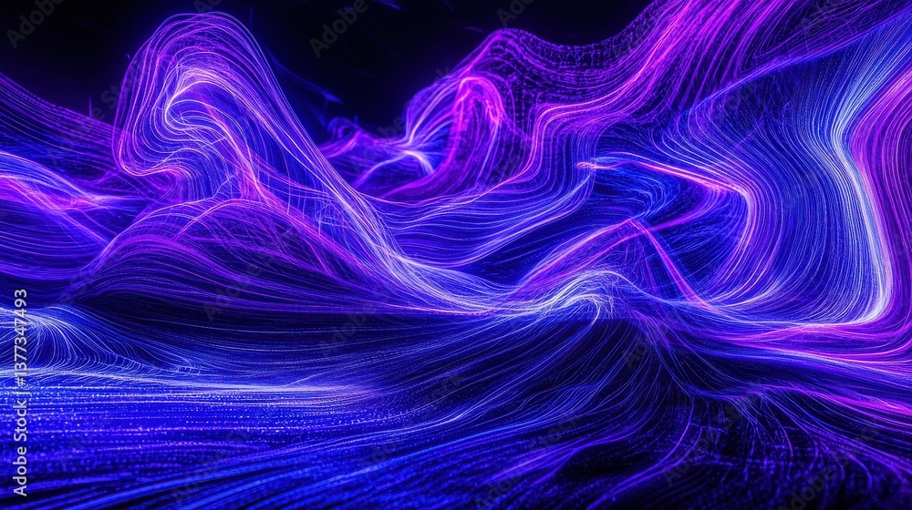 Poster mesmerizing abstract digital artwork featuring dynamic luminous swirls of multicolored neon light in