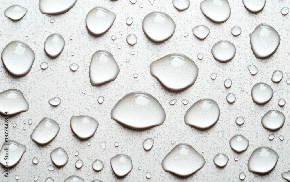 Poster water droplets on a light gray surface. clear, translucent droplets of varying sizes are scattered a