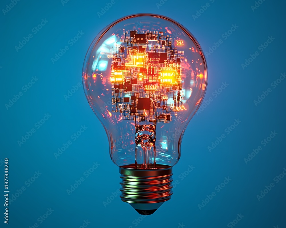 Poster a glowing light bulb with embedded digital circuits, representing technological innovation and brigh